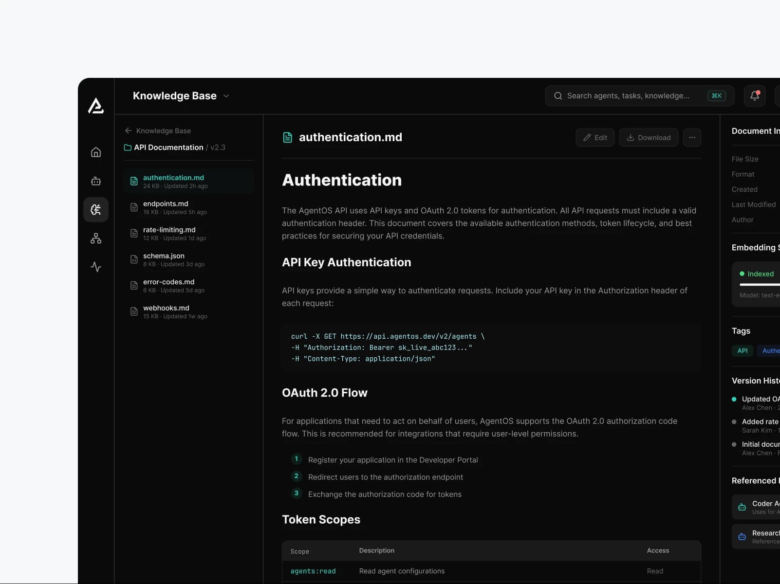 База знаний AgentOS: документация API